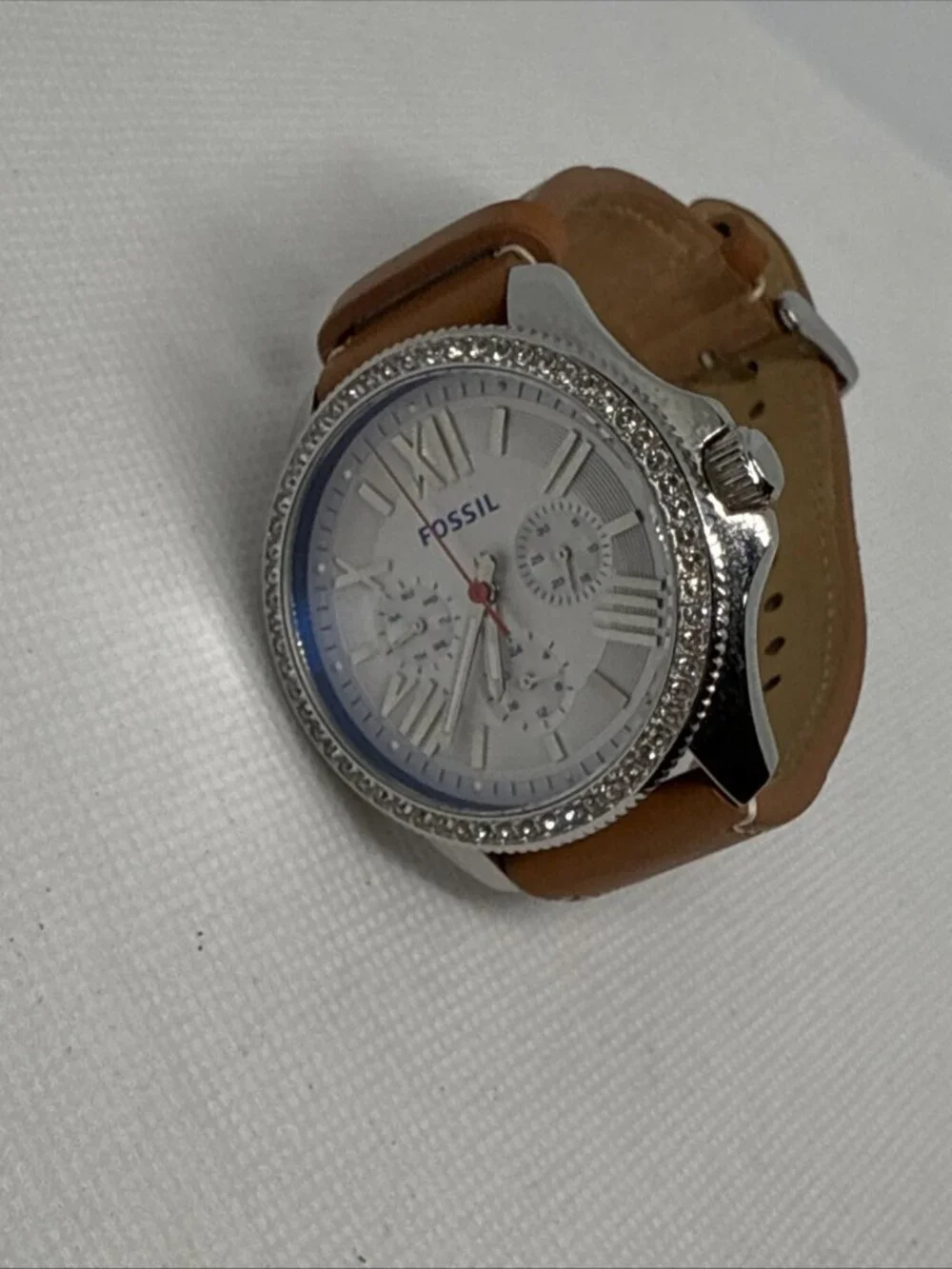 Fossil AM4623 Cecile Crystal Accented 40mm Quartz Brown Leather Strap Women's